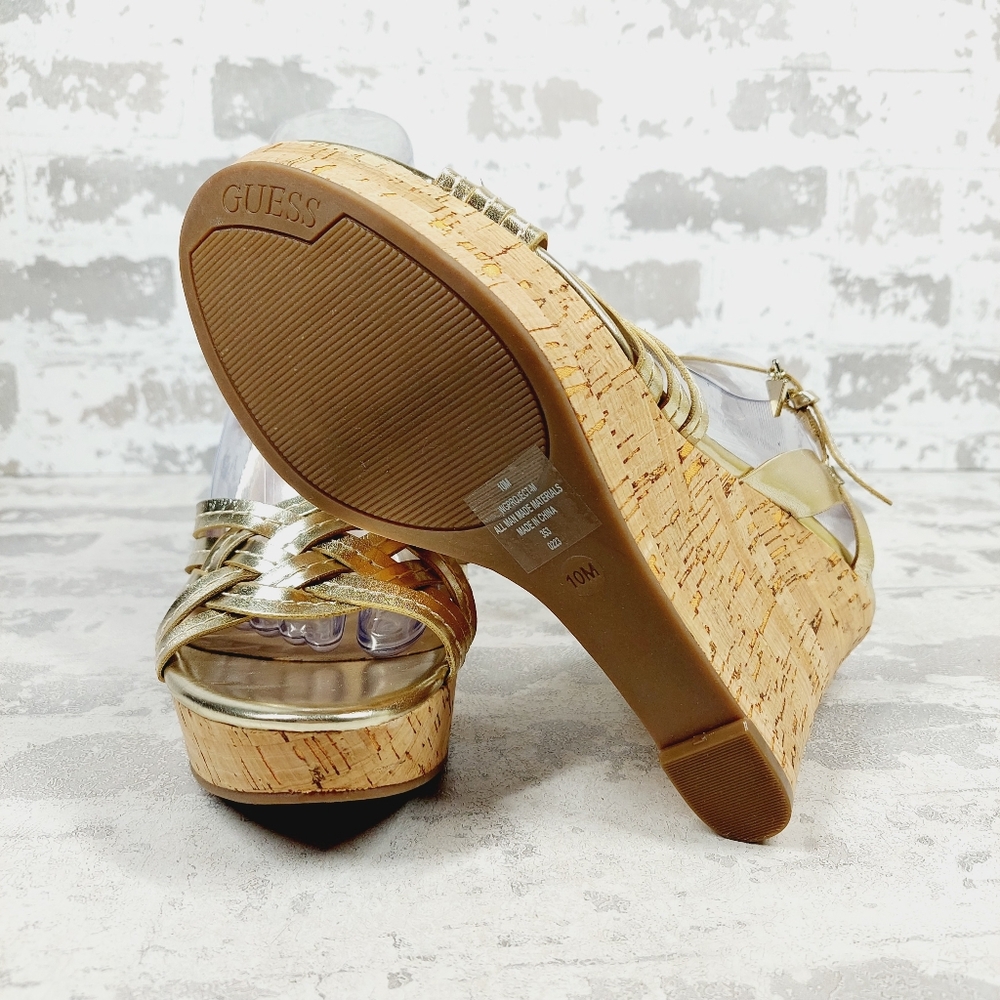 New Guess Project Gold Platform Cork Wedge Sandals B457 - Picture 9 of 13